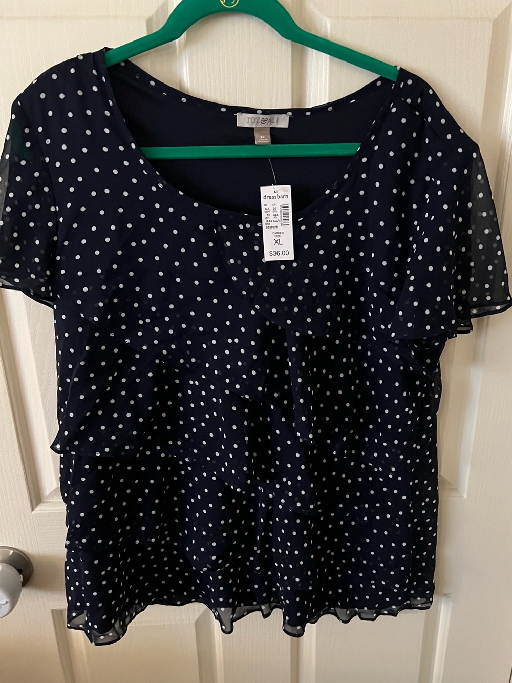 dressbarn Navy Polka Dot Flutter Sleeve Blouse